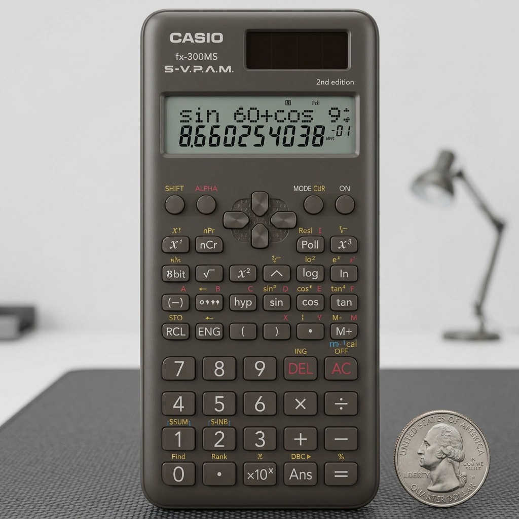 Casio FX300MSPLUS2 scientific calculator placed next to a quarter for size and scale reference.