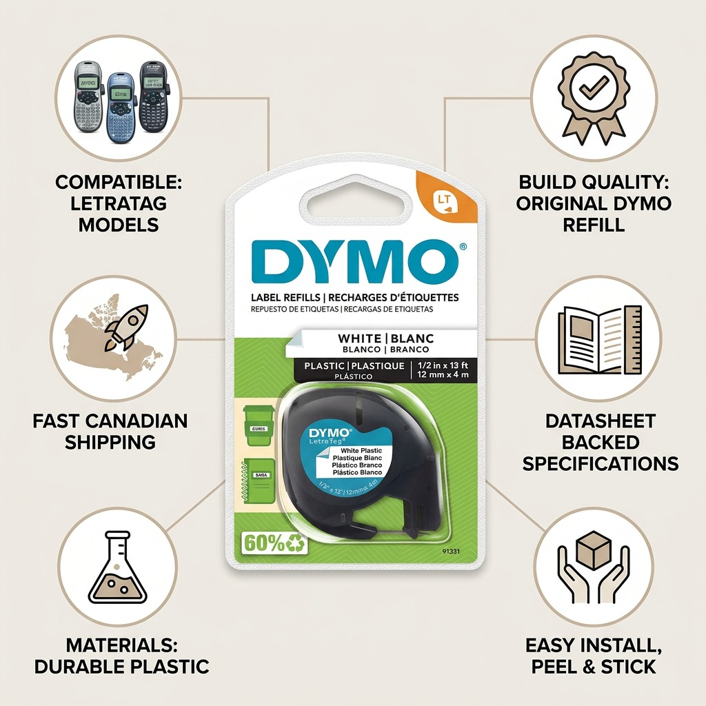 Dymo LetraTag Plastic Labels - Black on White, 1/2" x 13'