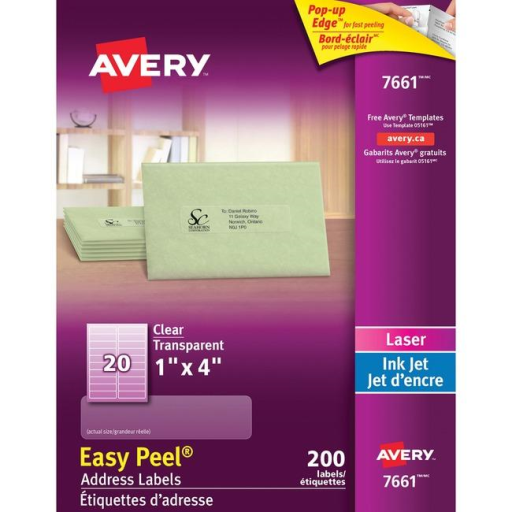 Avery Clear Easy Peel Labels, 4" x 1", Permanent, 10 Sheets/Envelope