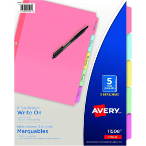 Avery Write-On Dividers, 5 Tab, 3 Sets, Multi-Colour, Plain