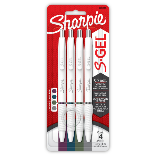 Sharpie S-Gel Pens, Fashion Barrel Gel Pens, Pearl White Body, Medium (0.7 mm) Point, Rich Dark Colour Assortment, 4 Count