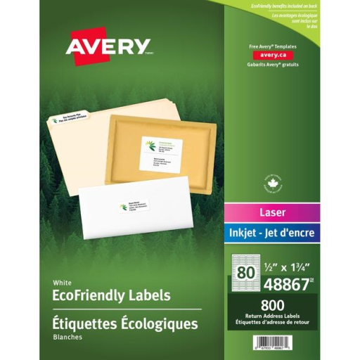 Étiquettes Avery Eco White pour courrier, Permanent, 1/2" x 1 3/4", 10 feuilles