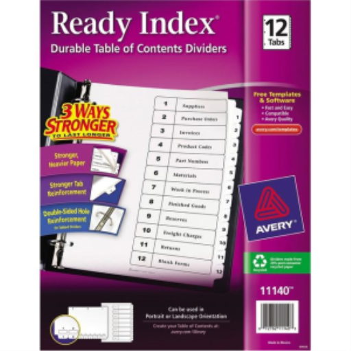 Intercalaires Avery Ready Index Table des matières, 12 onglets, 1 jeu