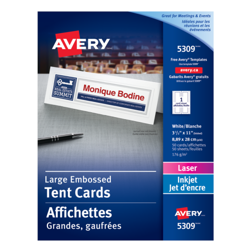 Cartes de table Avery Office, blanches, 3 1/2" x 11", 50 feuilles/boîte