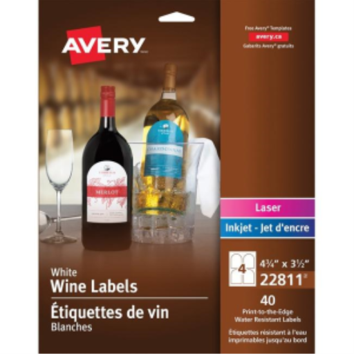 Étiquettes Avery laser/jet d'encre blanches en arc pour bouteilles de vin, 4¾" x 3½", permanent, 10 feuilles/enveloppe, 40 étiquettes/enveloppe