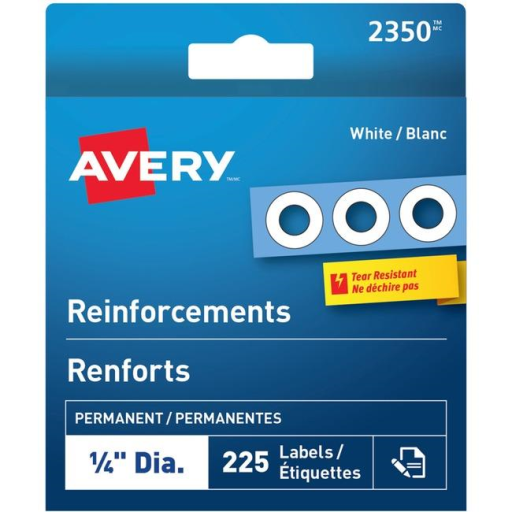 Étiquettes de renforcement blanches Avery, diamètre ¼", blanc, permanent