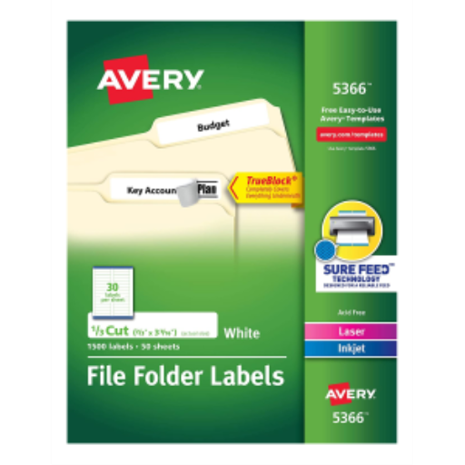Étiquettes de classement Avery TrueBlock, 3 7/16" x 2/3", permanent, blanc