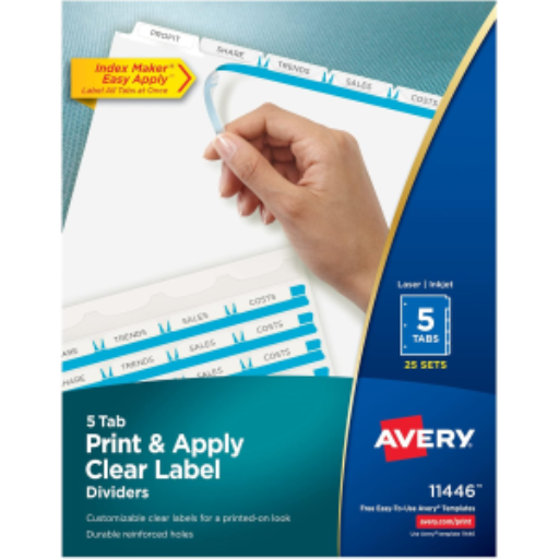 Intercalaires Avery Index Maker avec étiquettes transparentes, 5 onglets, 25 jeux, blanc