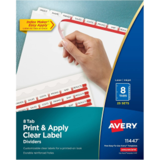 Intercalaires Avery Index Maker avec étiquettes transparentes, 8 onglets, 25 jeux, blanc