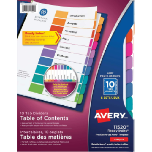 Intercalaires Avery Ready Index Table des matières, 10 onglets, 6 jeux