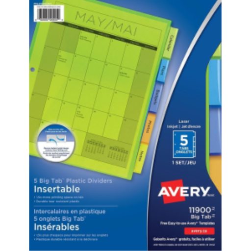 Intercalaires en plastique Avery, 5 onglets, 1 jeu, multicolore