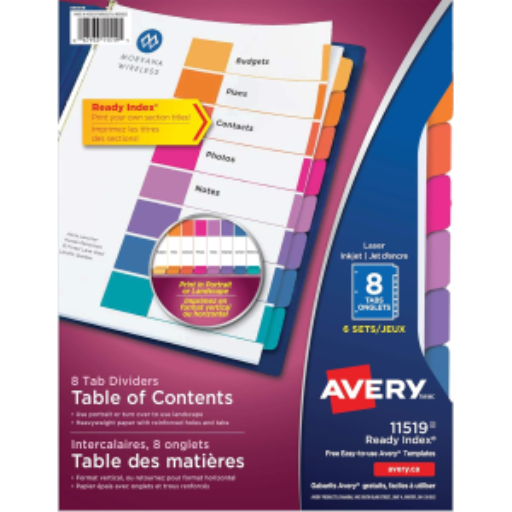 Intercalaires Avery Ready Index Table des matières, 8 onglets, 6 ensembles