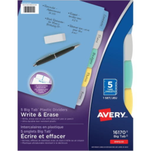 Intercalaires à écrire Avery, 5 onglets, 1 ensemble, multicolores durables