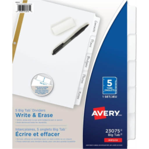Intercalaires à écrire Avery, 5 onglets, 1 ensemble, blancs, Big Tab