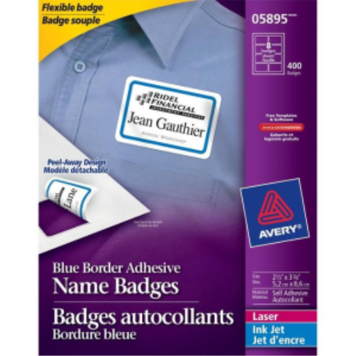 Étiquettes de badges nominatifs Avery, 3 3/8" x 2 1/3", bordure bleue, 50 feuilles