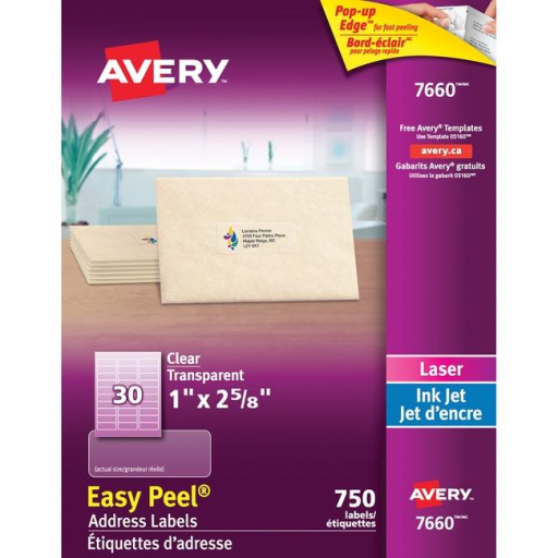 Étiquettes Avery transparentes Easy Peel, 2 5/8" x 1", permanentes, 25 feuilles/enveloppe