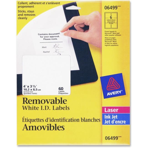 Étiquettes d'identification Avery, 4" x 3 1/3", amovibles, 10 feuilles/enveloppe