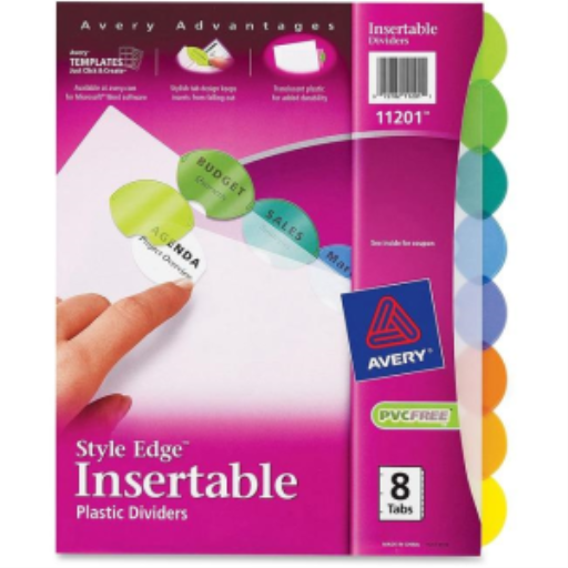 Intercalaires plastiques insérables Avery Style Edge, 8 onglets par jeu