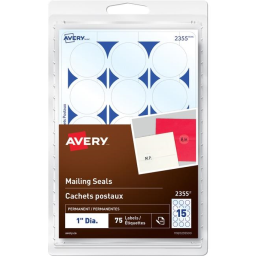 Sceaux d'expédition Avery, diamètre 1", permanents, transparents, 75 par paquet
