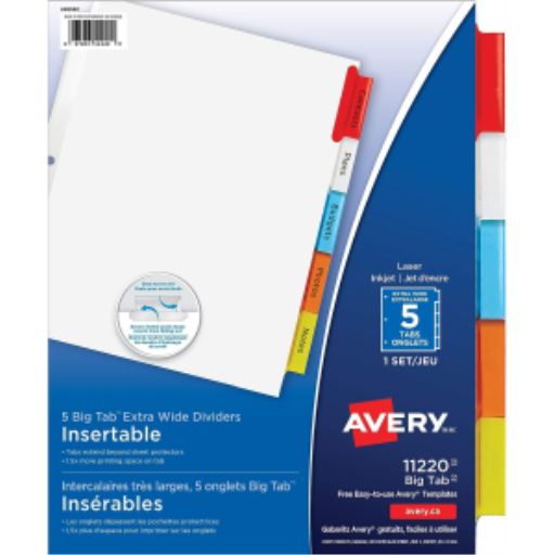 Intercalaires Avery à onglets larges insérables, 5 onglets, 1 jeu, extra larges