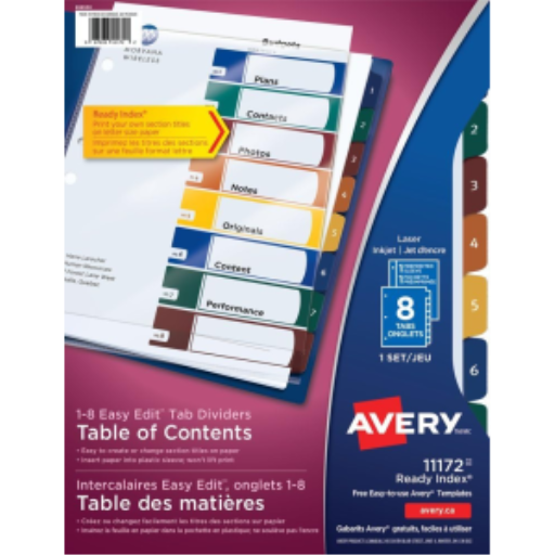 Intercalaires Avery Ready Index Easy Edit Table des matières, 8 onglets, 1 jeu