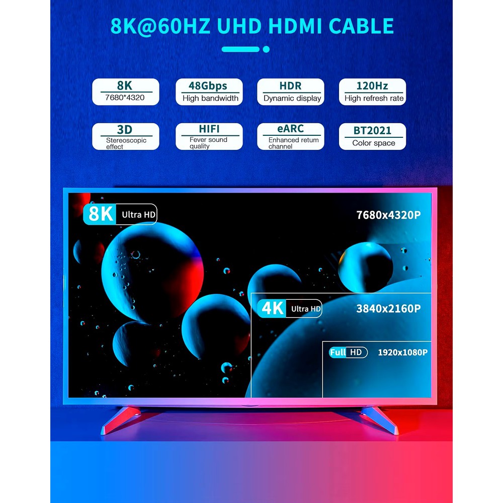 Câble HDMI 2.1 en nylon tressé 8K Ultra HD 48Gbps HDR 3D