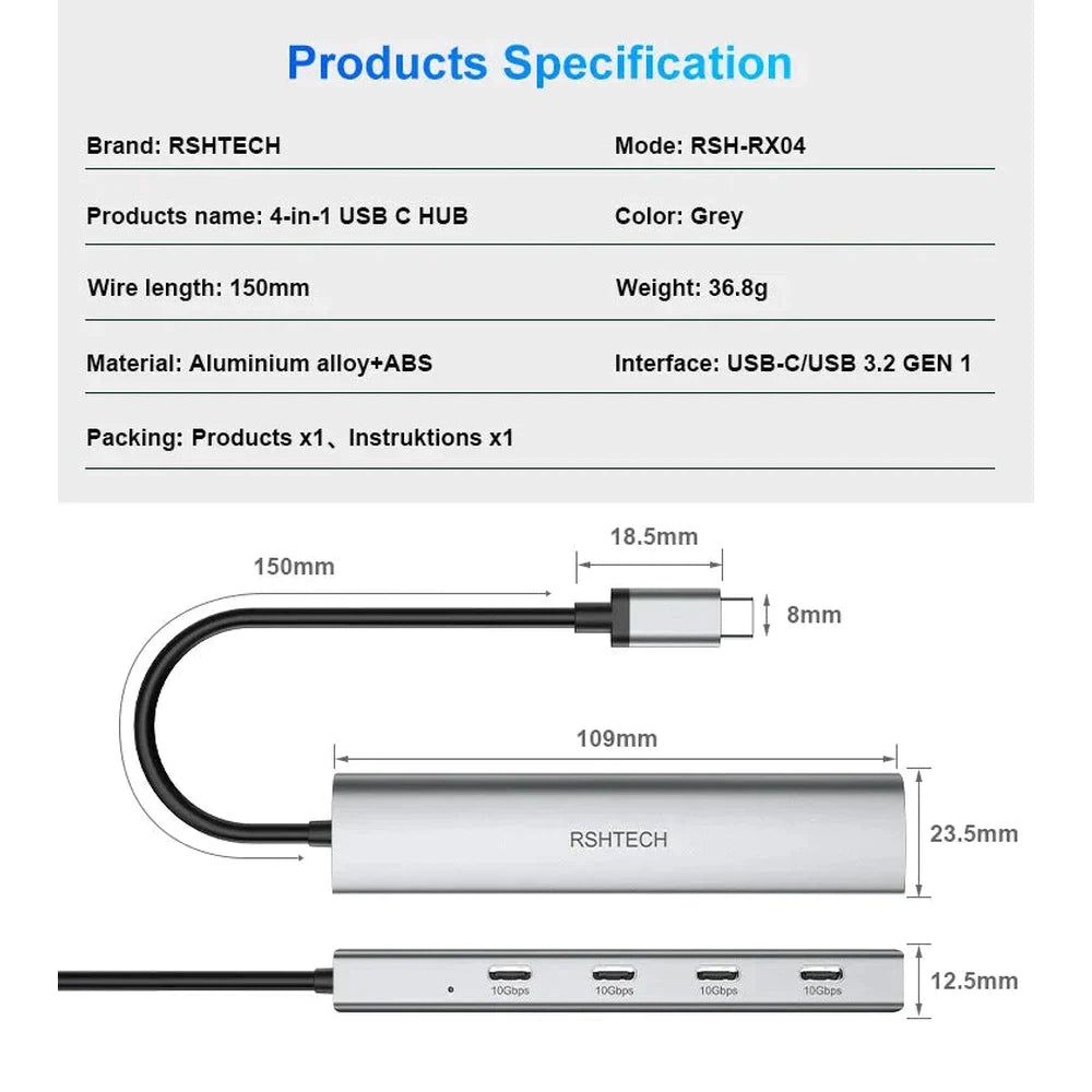 Concentrateur USB-C 3.2 4 en 1 de 10 Gbit/s