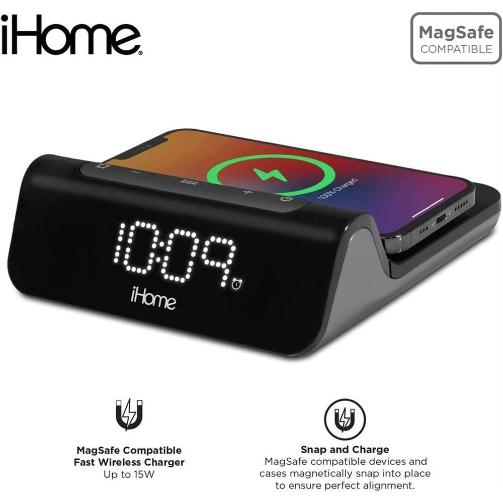 Réveil-matin iHome 3-en-1 avec chargeur sans fil rapide magnétique